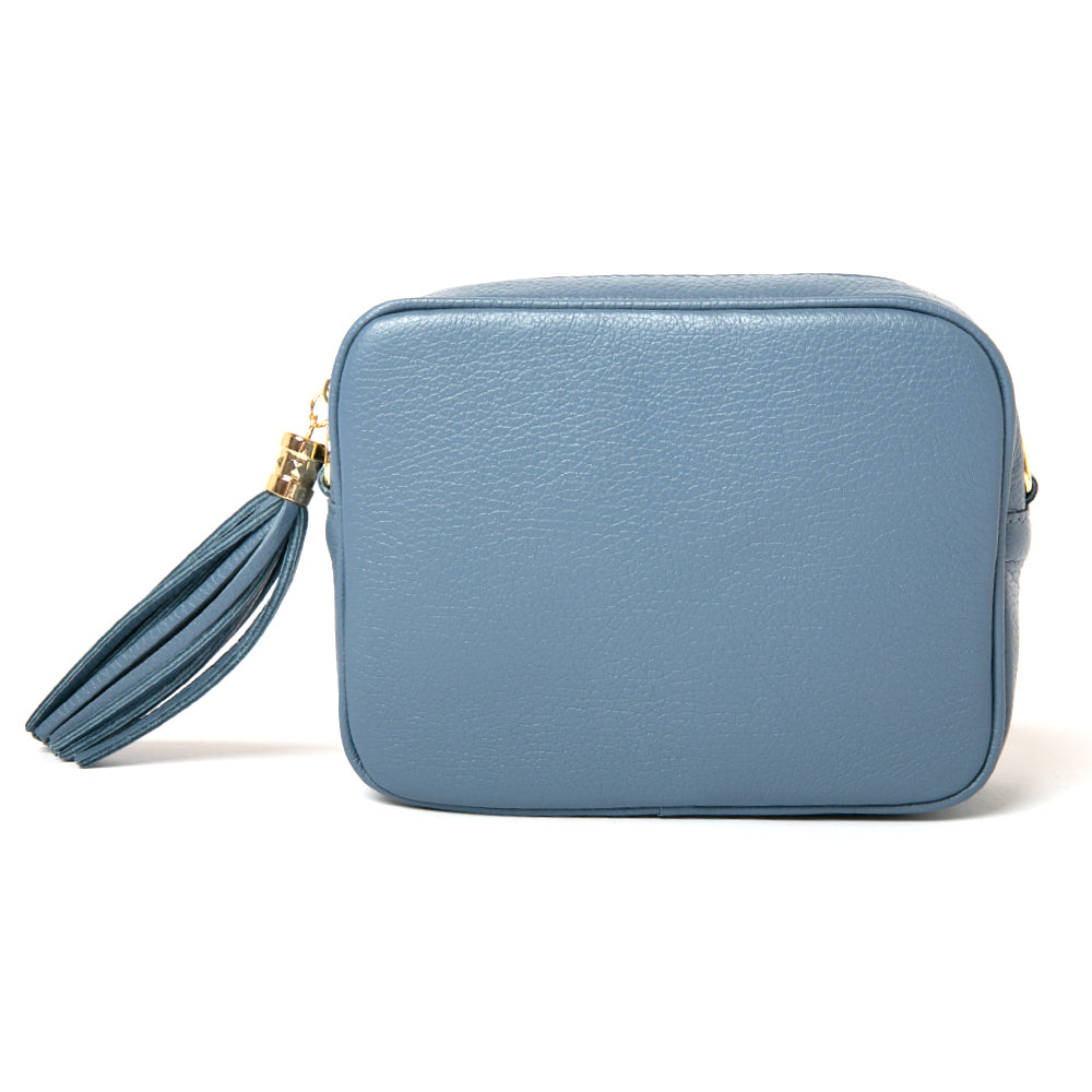 Italian leather cross body handbag in Denim, gold hardware, tassel zip, long detachable bag strap